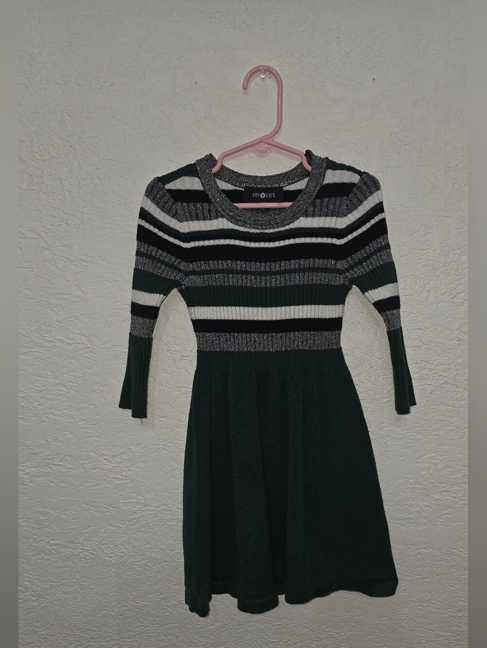 Amy Byer Dark Green, Black & White Striped Long Sleeve Fit and Flare Dress Girls